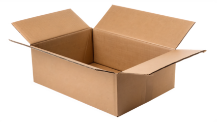 Open empty brown cardboard box for shipping and moving cut out on PNG. AI GENERATED.
