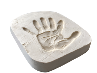 White plaster cast of child's handprint, a symbol of memory