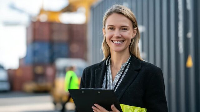 34Woman customs officer standing near open shipping container, holding clipboard confidently, hi-vis vest catching sunlight, stacks of global freight containers in the distance