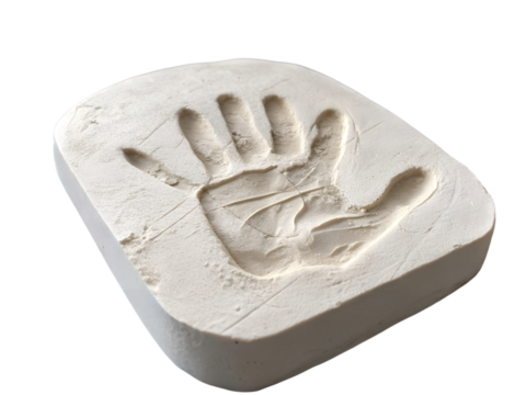 White plaster cast of child's handprint, a symbol of memory