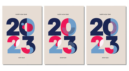 Modern abstract graphic design for the year 2023, featuring bold typography and geometric shapes in a triptych layout with a neutral background, suitable for festive or corporate use