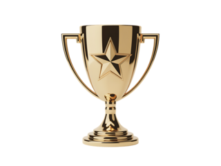 Golden trophy cup with star isolated on transparent background, a symbol of victory