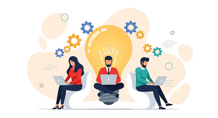 Creative team generating innovative ideas, working on laptops with gears spinning, representing a culture of collaboration and strategic problem solving, driving towards success in modern business