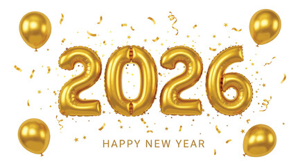 Obraz premium Golden balloons and confetti spelling out 2026 with the text happy new year below, isolated on