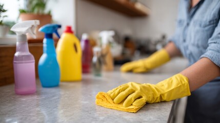 A woman cleans a kitchen countertop with a yellow cloth while wearing yellow gloves, surrounded by various cleaning products.