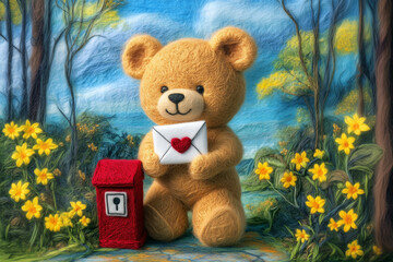 Cute felted teddy bear holding a love letter beside a red postbox in a colorful outdoor scene.