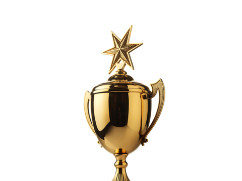 Golden trophy with star on top isolated on transparent background, symbol of success