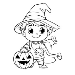 Cute Funny Halloween Vector Illustration coloring pages with pumpkins, ghosts, and bats for kids