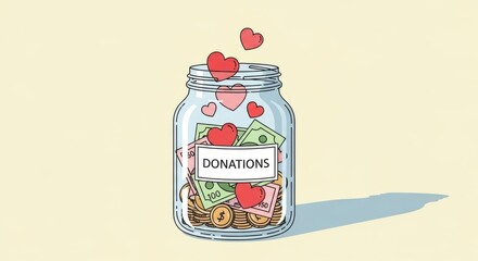 Charity fundraising concept with donation jar filled with money and hearts