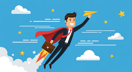 Driven businessman soars to success holding a paper airplane, embodying leadership and ambition with his cape, symbolizing innovation and growth in a competitive market with star rewards
