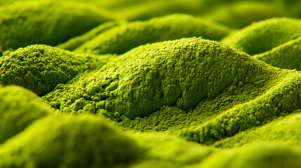 Matcha powder landscape natural setting close-up view green environment textural details for culinary inspiration
