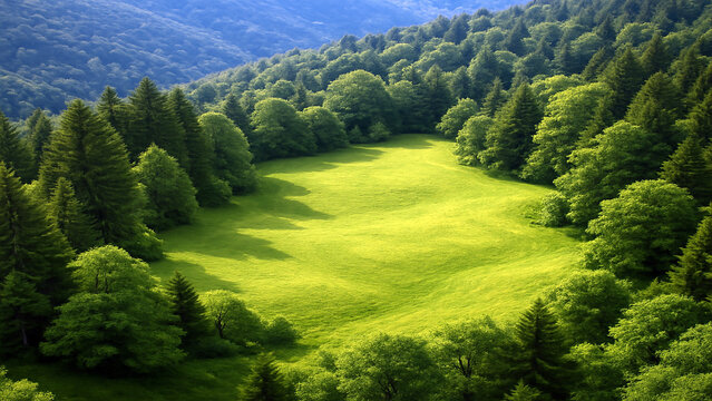 Lush green meadow surrounded by dense forest in sunlight