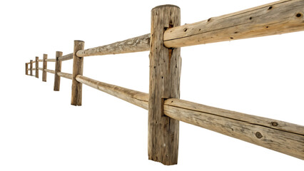 Fototapeta premium Section of a rustic three-rail wooden log fence cut out on PNG. AI GENERATED. 