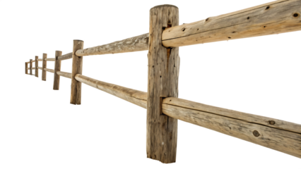Section of a rustic three-rail wooden log fence cut out on PNG. AI GENERATED.
