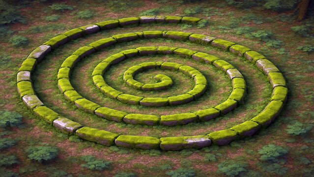 Moss covered stone spiral labyrinth in forest maze
