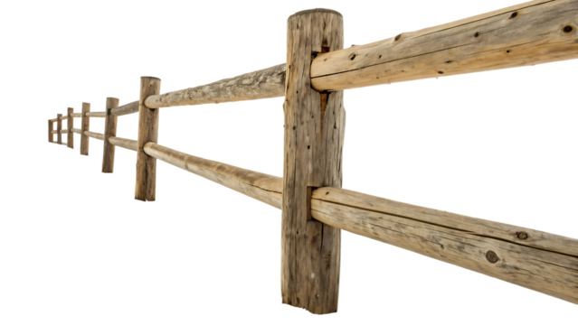 Section of a rustic three-rail wooden log fence cut out on PNG. AI GENERATED.
