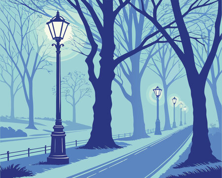Streetlight with bare trees at night