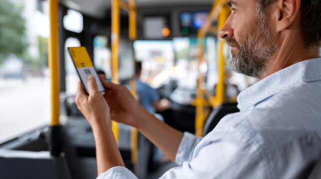 A middle-aged Caucasian man using his mobile ticket on a city bus, showcasing modern public transportation technology.