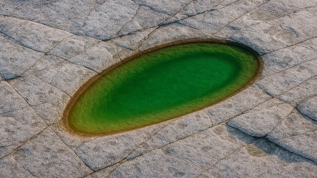 Oval green water pool in cracked grey rock stone - Powered by Adobe