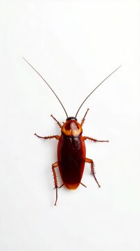 Macro studio shot of a brown insect cockroach with long antennae standing on a plain white background offering clear detail.