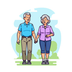 A happy elderly couple, a man and a woman, holding hands while walking together in a park illustration.