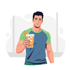 A smiling young man in a casual t-shirt offers a refreshing glass of iced orange juice.