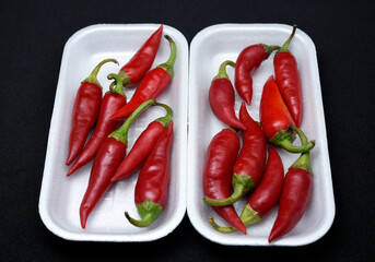 Red capsicum on a plastic backing. Red pepper pods.