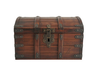 Old wooden treasure chest with metal fittings isolated on transparent background