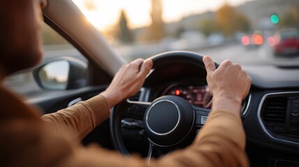 Naklejka premium A young man of Middle Eastern descent drives confidently, hands gripping the steering wheel of a modern car during sunset.