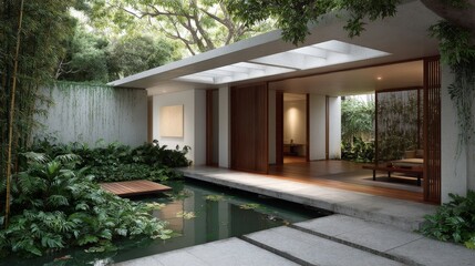 Fototapeta premium Modern minimalist bungalow with indooroutdoor living space, lush tropical greenery, serene pond, wooden accents, and soft twilight glow creating tranquil ambiance