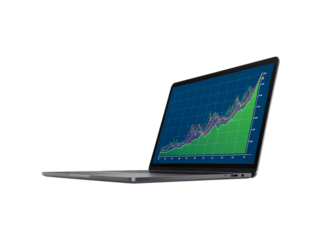 Laptop computer with financial chart on screen isolated on transparent background