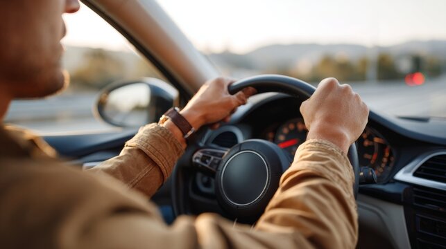 A man driving a car on an open road, hands firmly gripping the steering wheel, with a serene landscape in the background.