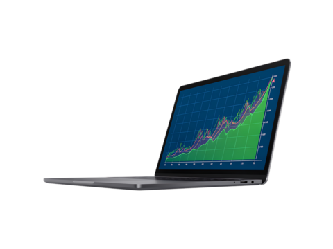 Laptop computer with financial chart on screen isolated on transparent background - Powered by Adobe