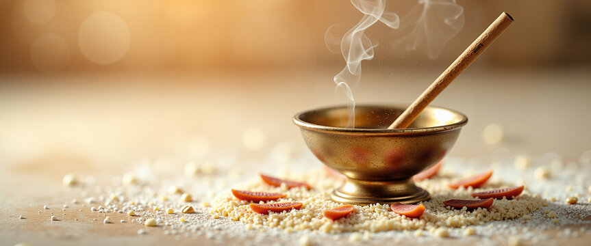 Brass bowl with incense smoke and spices on a wooden background  