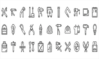 Comprehensive Collection of Hand Tools and Workshop Equipment Line Icons for Construction and Repair Projects, Ideal for Professional Tradesmen and DIY Enthusiasts