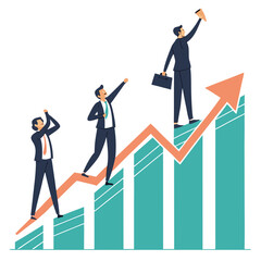 Fototapeta premium Businessmen climbing up a rising bar graph representing success and growth