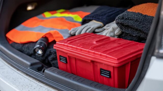 57Compact car trunk interior organized with safety essentials red first aid box, flashlight, gloves, reflective vest, and orange blanket emphasizing responsible travel and roadside r