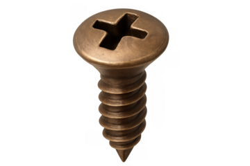 Bronze colored phillips head screw standing upright with threaded body and pointed tip, isolated on transparent background