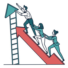 Teamwork and collaboration helping business people climb up a red arrow graph towards success