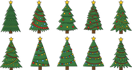 Christmas tree vector set with decorative holiday trees, garlands, lights, ornaments and stars for festive winter celebration design