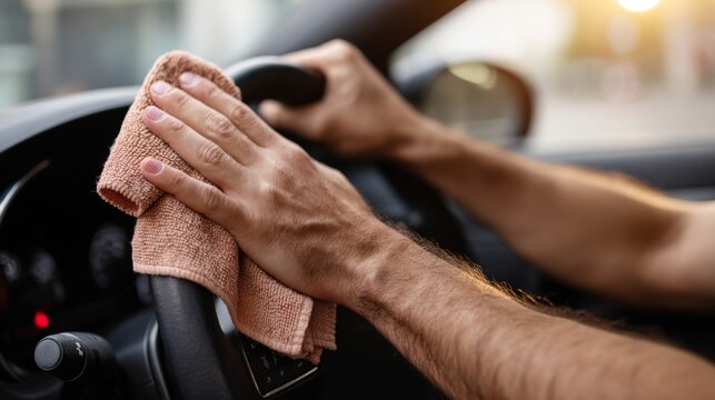 A male cleaning the steering wheel of a car using a microfiber cloth, showcasing attention to detail and car maintenance.
