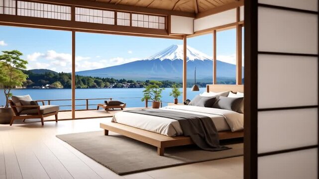 Japanese bedroom with Mount Fuji view.