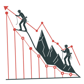 Illustrations of climbers scaling a mountain graph representing business growth and decline