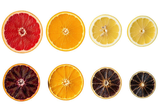Vibrant citrus slices grouped by type grapefruit orange lemon lime transparent background