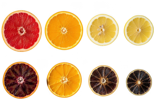 Vibrant citrus slices grouped by type grapefruit orange lemon lime transparent background