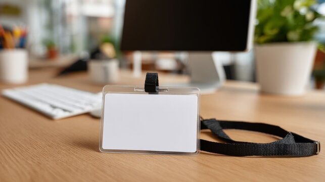 A blank ID card holder with a lanyard on a wooden desk in a modern office setting.