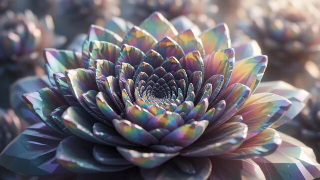 Crystal flower bloom with iridescent colorful petals shining in soft light, creating mesmerizing natural pattern and delicate petal beauty close up