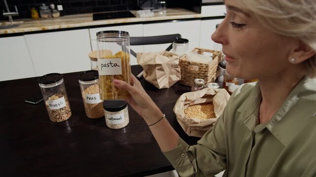 Adult woman recording video showing several plastic jars full of pasta and grain, she looking at camera and talking