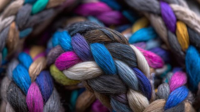 66Macro shot of multicolored recycled fabric fibers intertwined in a circular arrangement, tactile textures with threads of cotton, wool, and synthetics, symbolic representation of c