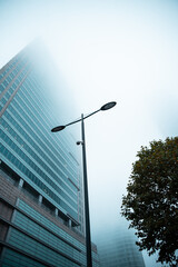 street in warsaw , city landscape evening autumn  fog day